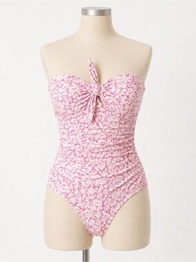 Kona Sol One Piece Swimsuit Pink Floral Ruched Tummy Control Strapless Tie Front